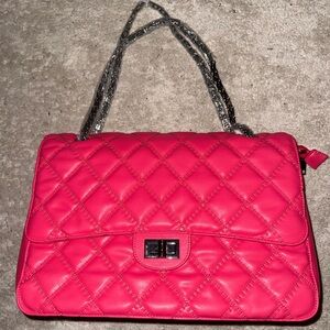 Quilted XL Pink Shoulder Bag with Gun Metal Chain Strap